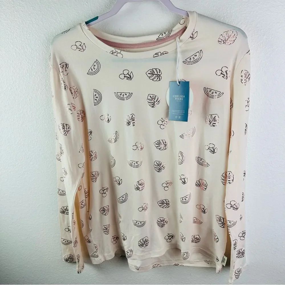 Chelsea Peers Long Sleeve Pink Rose Gold Fruit Pattern Shirt Women’s Size S NWT